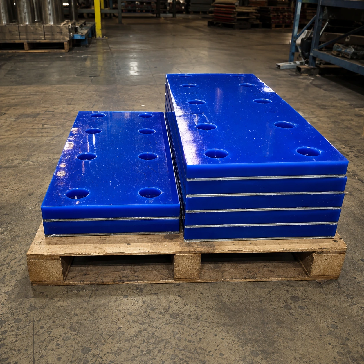 Plaques d'usure en polyuréthane bleu adhérisées sur dosseret d'acier, empilées sur palette à l'atelier