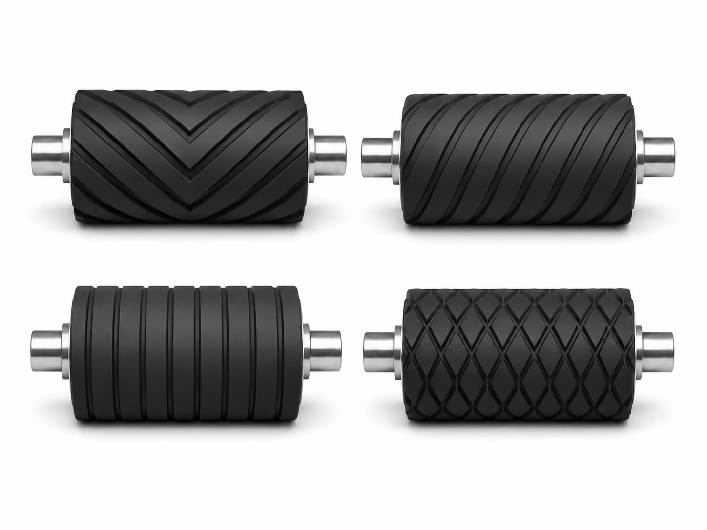 Rouleaux recouverts à différents motifs de rainures — chevron, hélicoïdal, circonférentiel et diamant — rainurage CNC Soremag