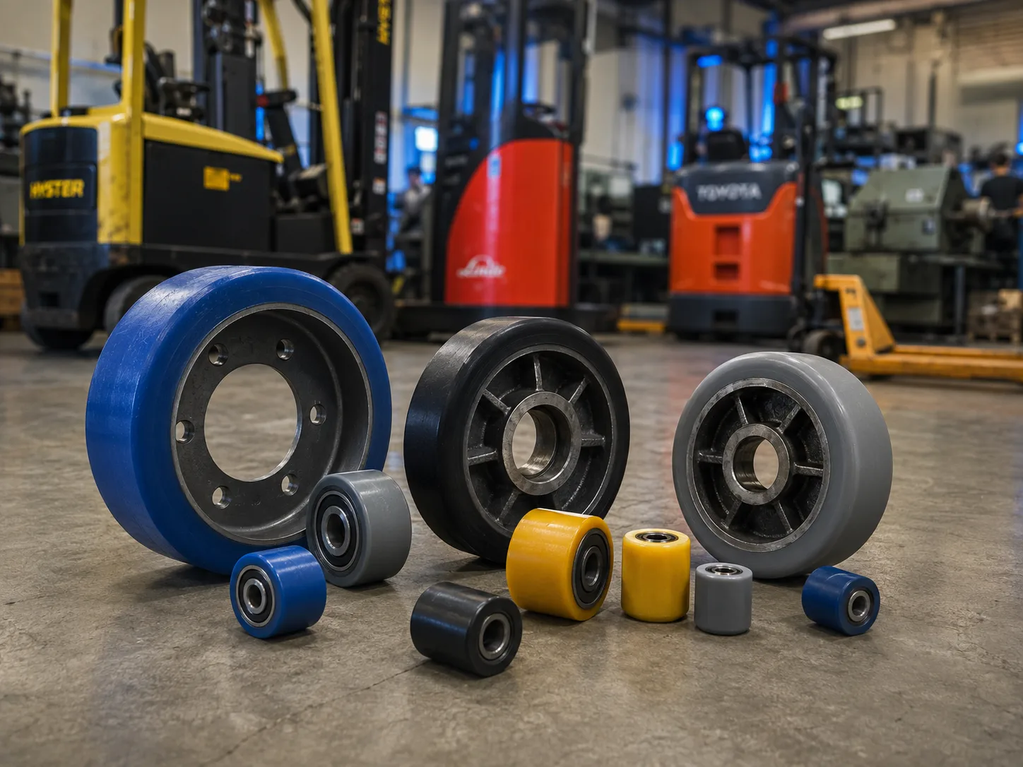Roues motrices et roues de charge (drive tire, load wheel) recouvertes de polyuréthane — bleu, noir, jaune et gris