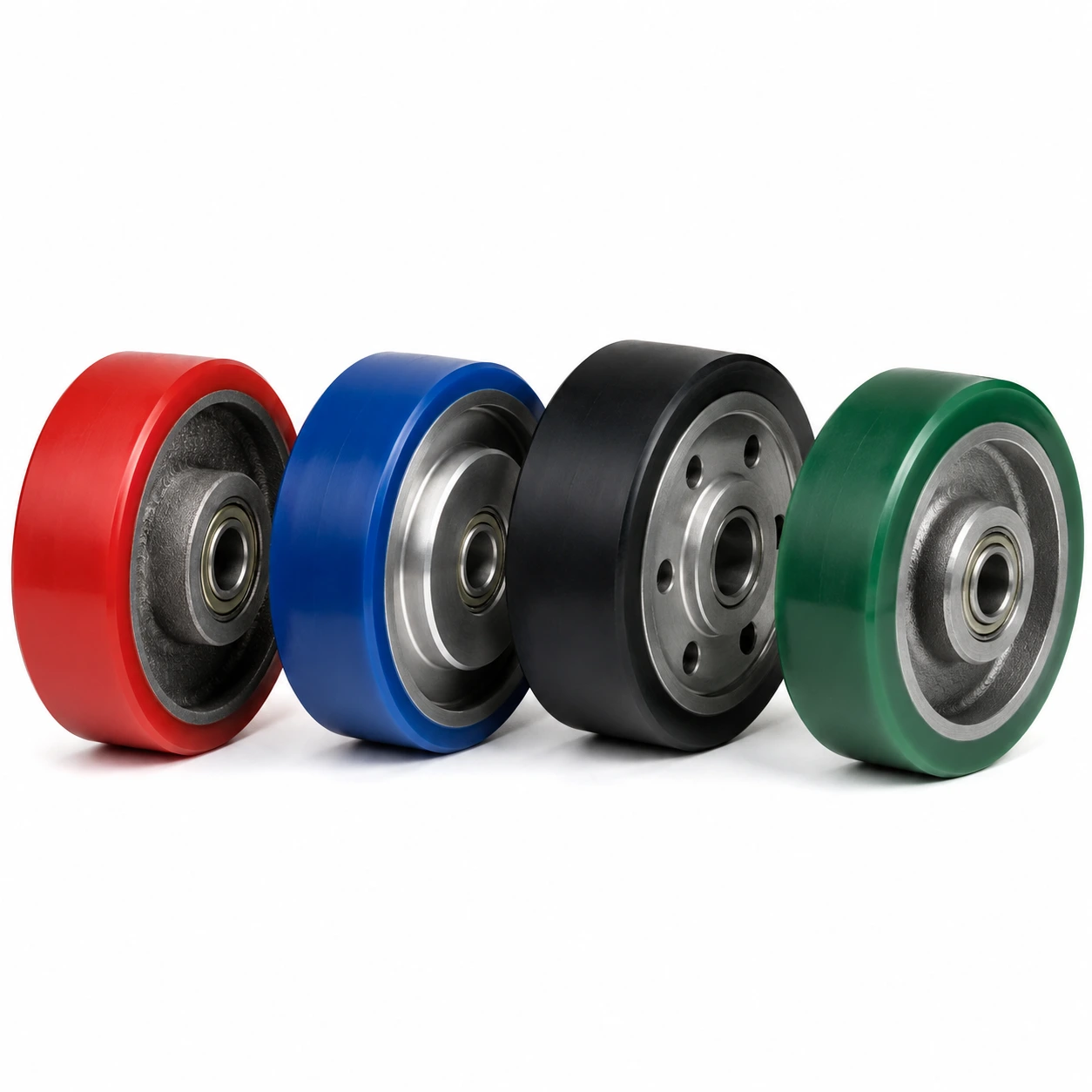 Roues en polyuréthane coulé à chaud rouge, bleu, noir et vert sur cœurs d'acier — recouvrement de roues sur mesure