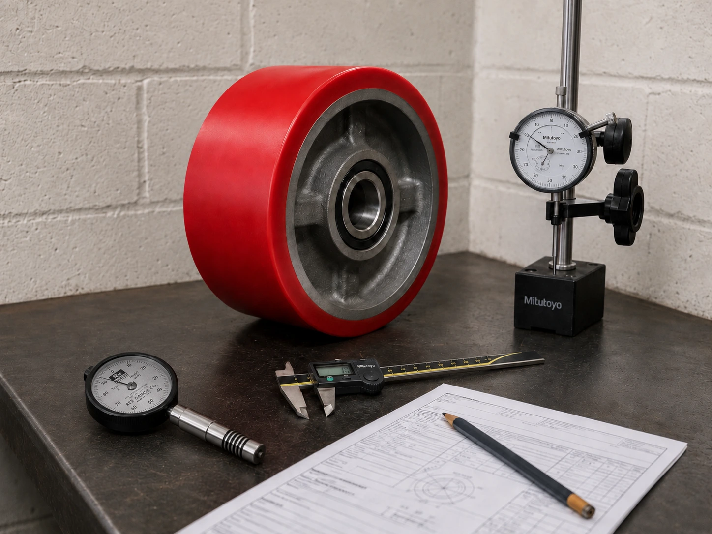 Roue recouverte de polyuréthane rouge en contrôle qualité final avant expédition — Soremag, Laval (Québec)