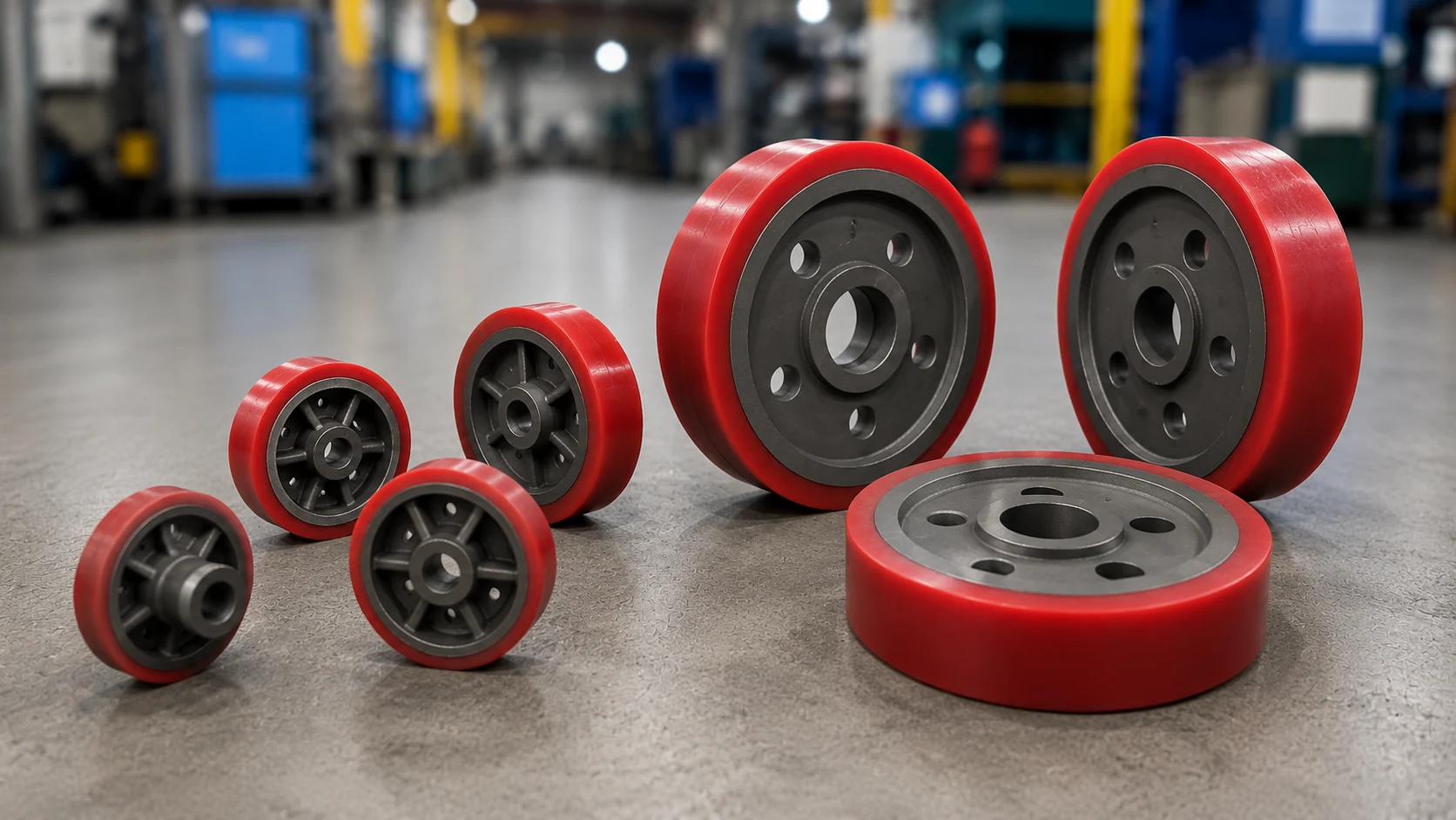 Roues de rotateurs et positionneurs de soudage recouvertes de polyuréthane rouge sur moyeux d'acier