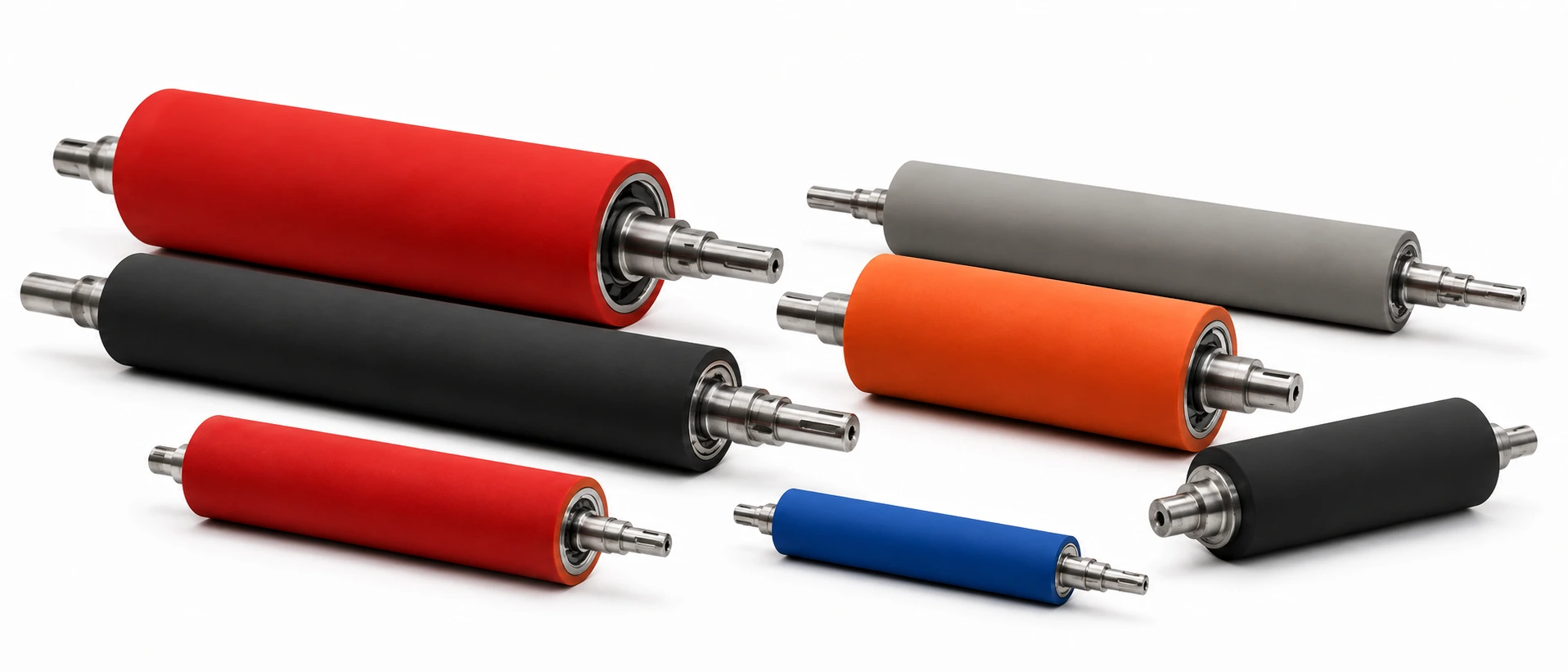 Huit rouleaux industriels recouverts, en rouge, noir, bleu, orange et gris, sur mandrins d'acier à tourillons clavetés