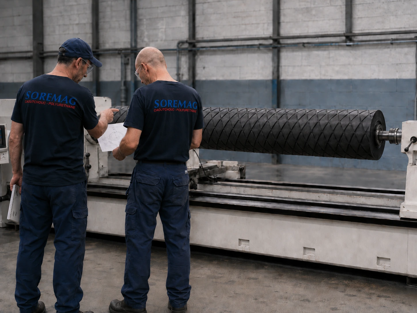 Deux techniciens Soremag devant un rouleau rainuré (motif diamant) sur tour — service de rainurage, Québec