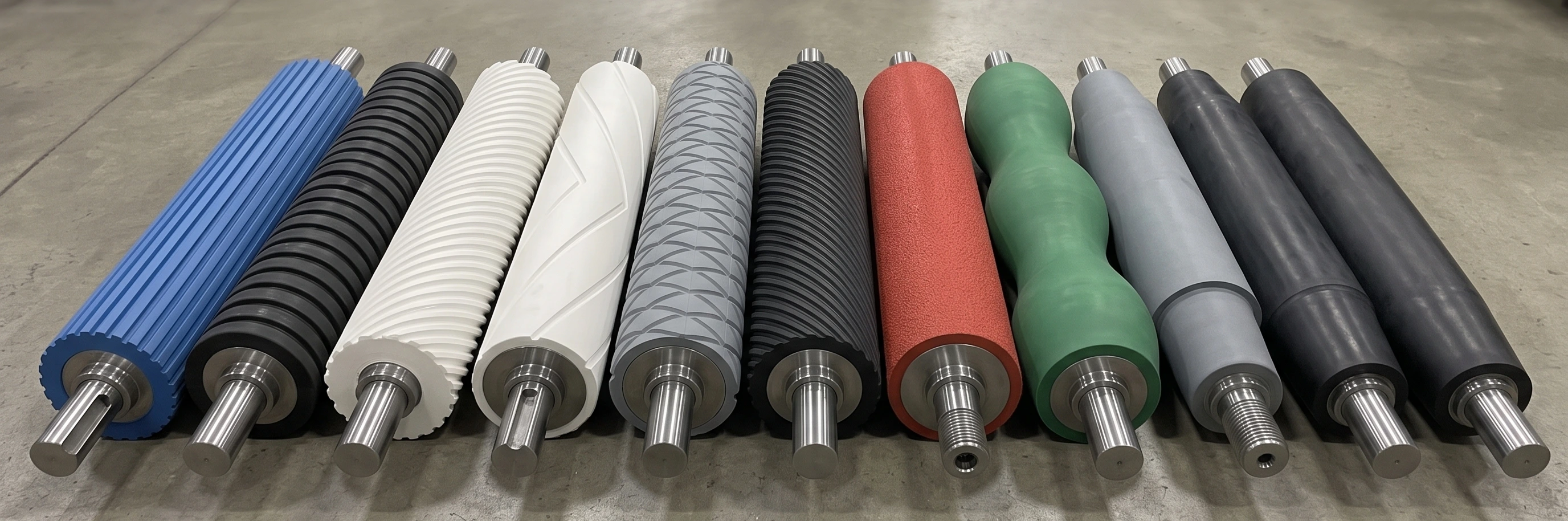 Rouleaux recouverts et rainurés par Soremag : rainures longitudinale, circonférentielle, hélicoïdale et diamant