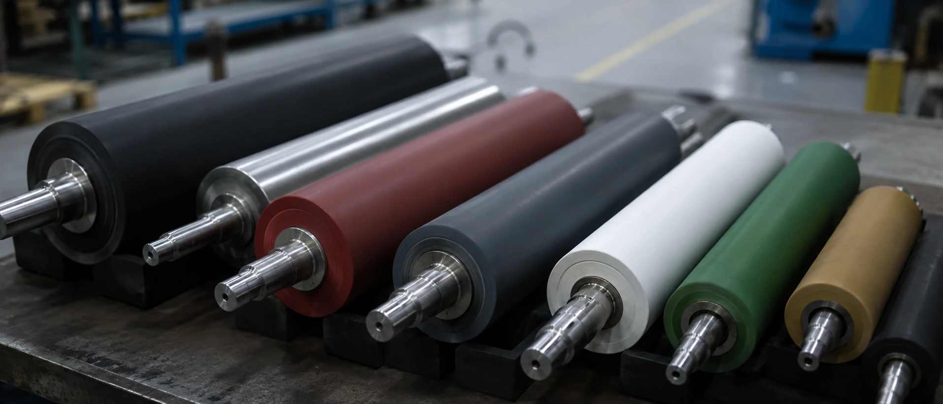 Rouleaux recouverts chez Soremag : nitrile nip, silicone, EPDM gris, Hypalon de qualité alimentaire, nitrile vert