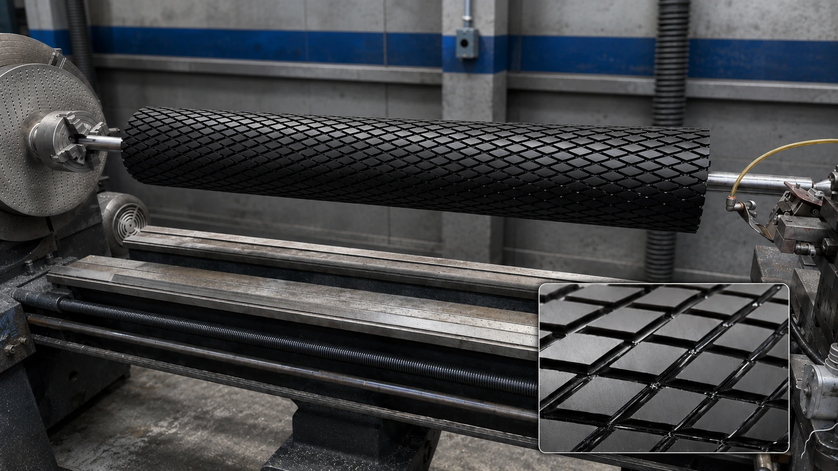 Rouleau recouvert de polyuréthane noir à rainurage diamant réalisé au couteau thermique, monté sur tour