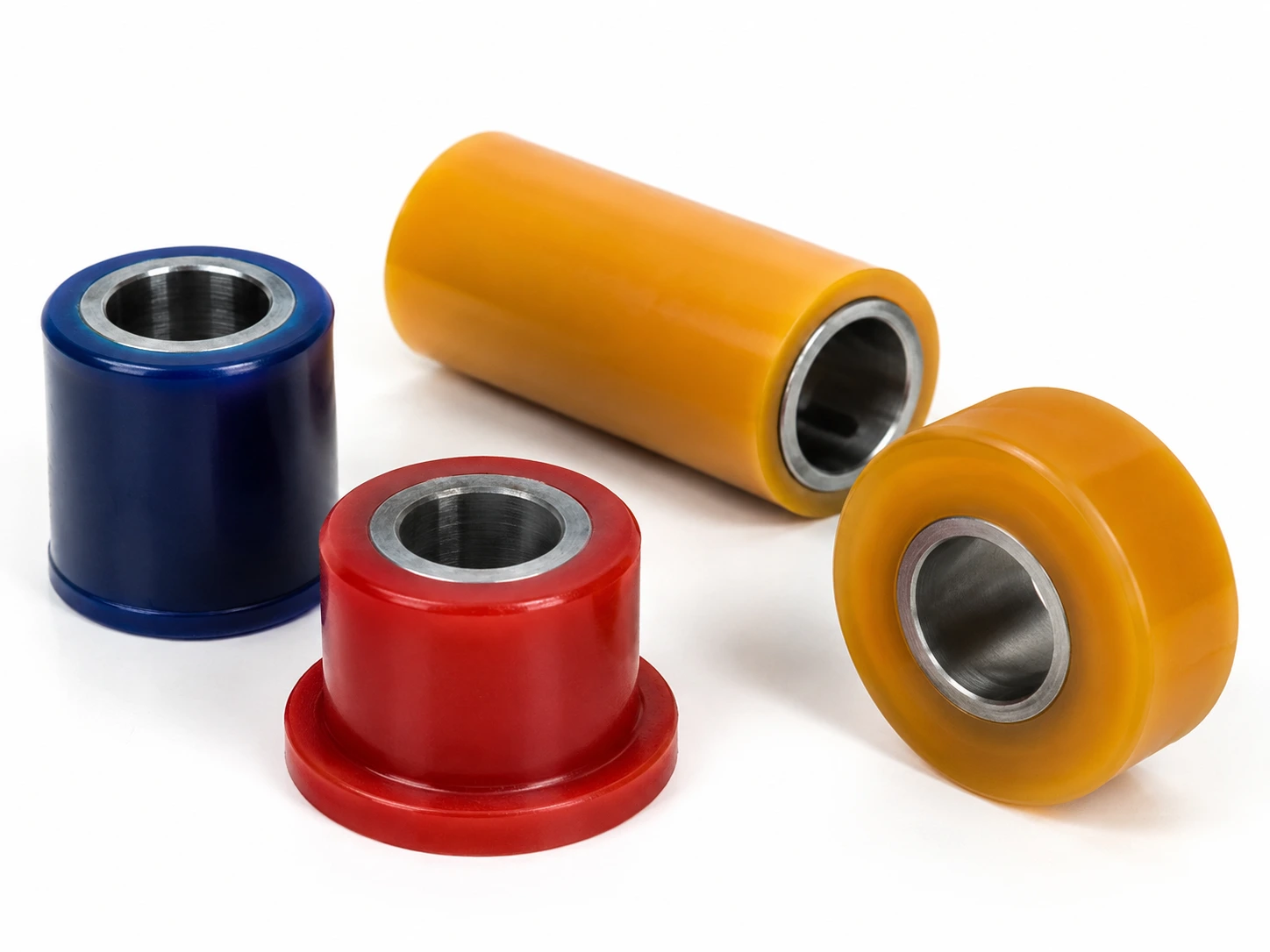Bagues et manchons en polyuréthane bleu, rouge à collerette et ambre, à âme d'acier avec clavette