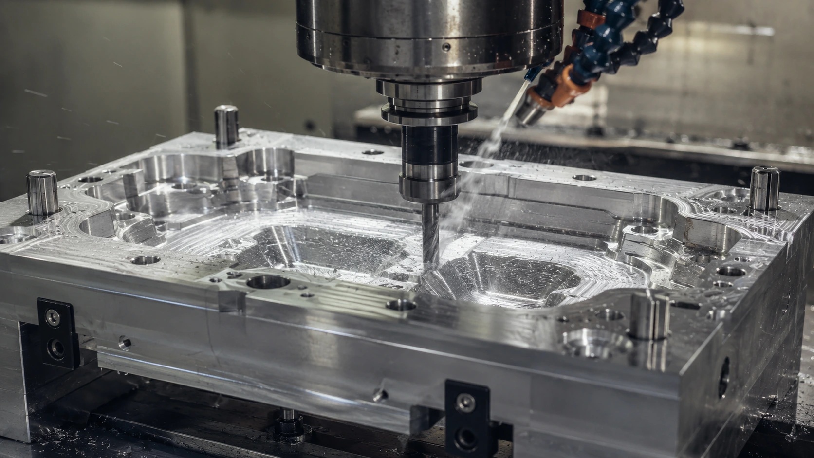 Gros plan sur l'usinage CNC d'un moule en aluminium à l'atelier Soremag — Laval (Québec)