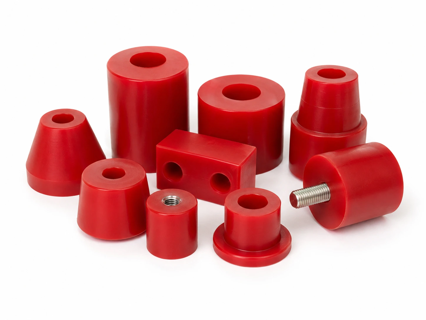Butées et tampons en polyuréthane rouge coulé à chaud : coniques percées, cylindriques, à insert taraudé, à collerette