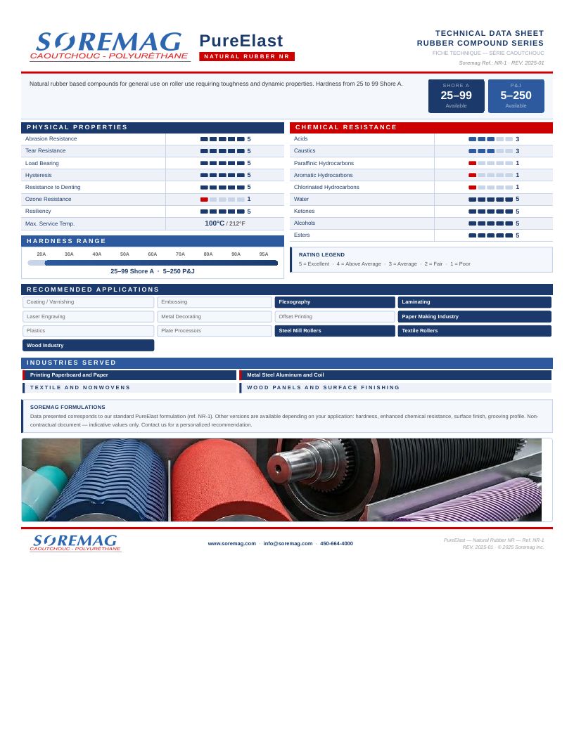 Preview of the PureElast (natural rubber NR) technical data sheet — Soremag