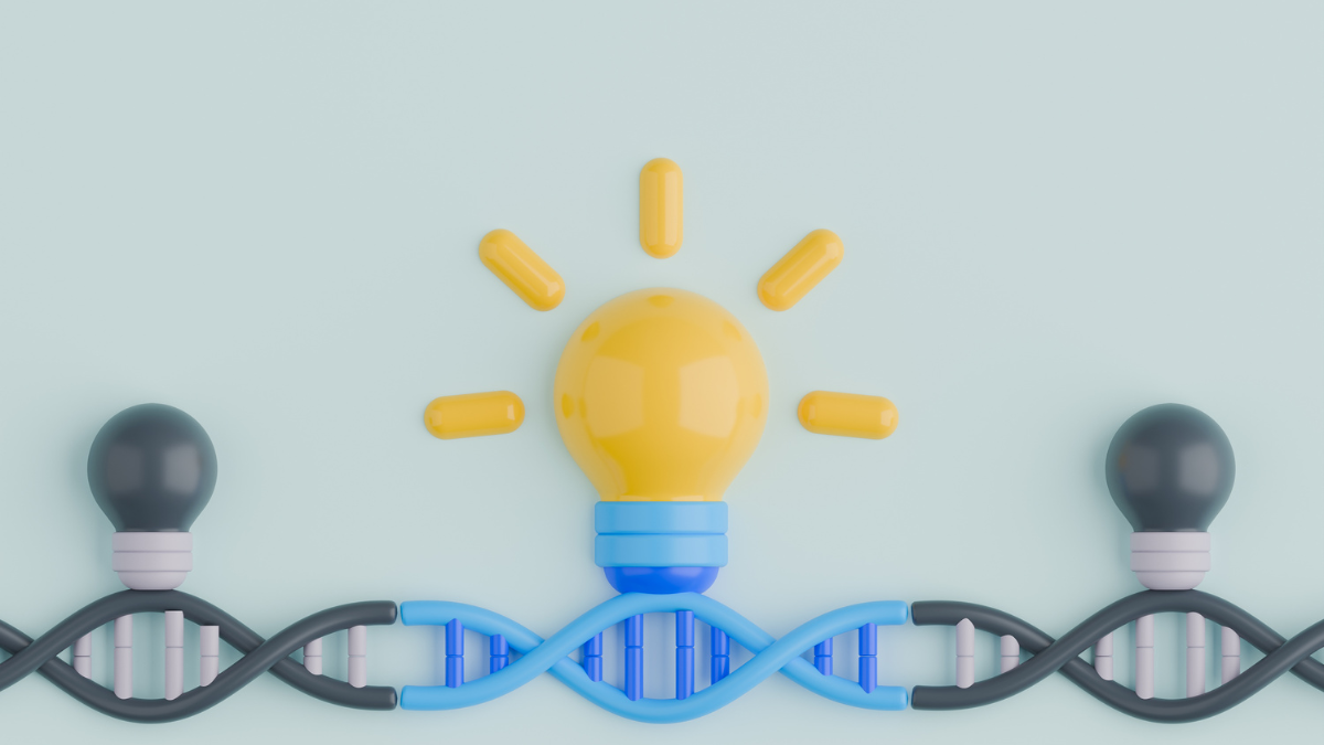 3D illustration representing gene expression where a specific DNA segment is activated, symbolized by a glowing yellow light bulb.