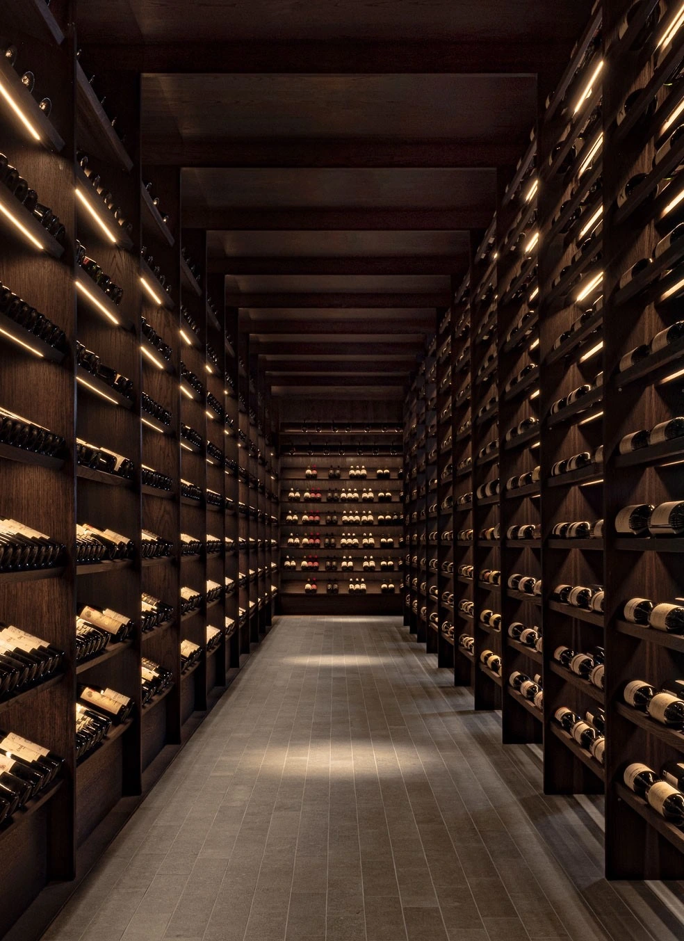 A long private wine cellar corridor lined with lit bottle racks