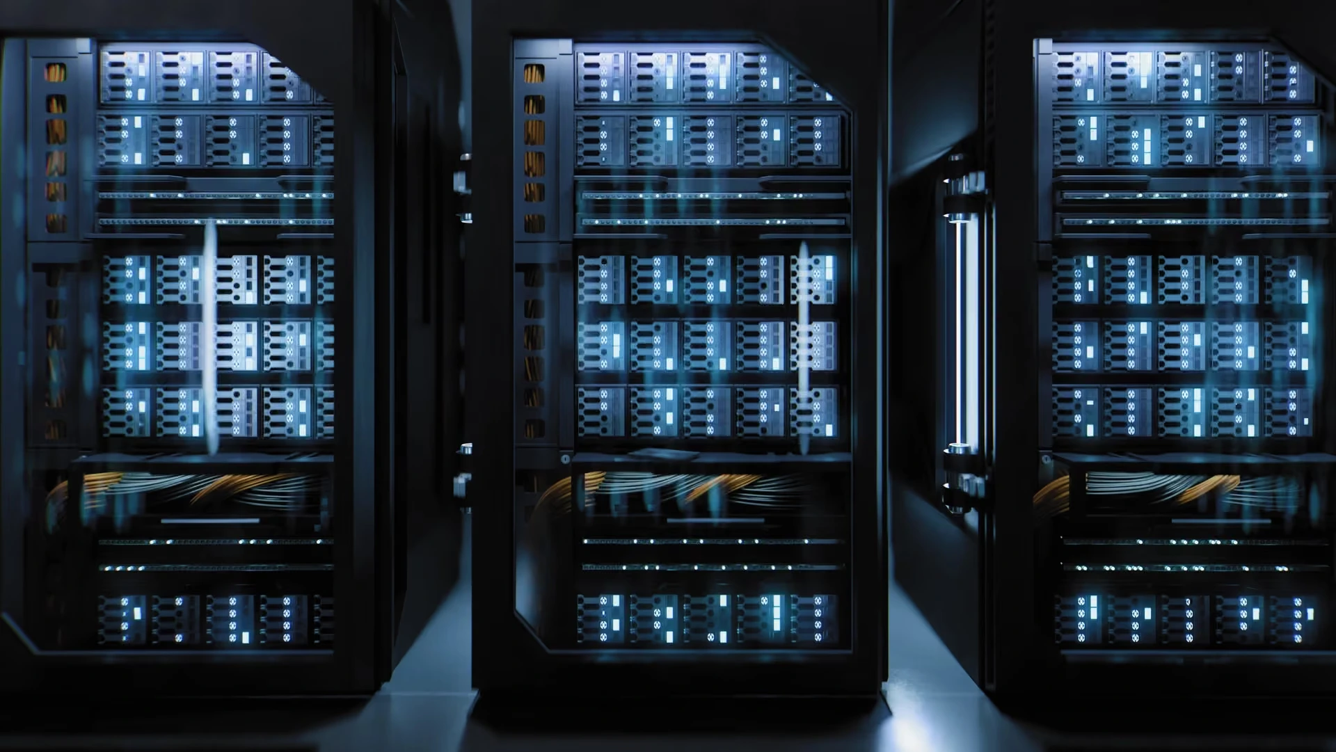 Server racks glowing blue in a data centre