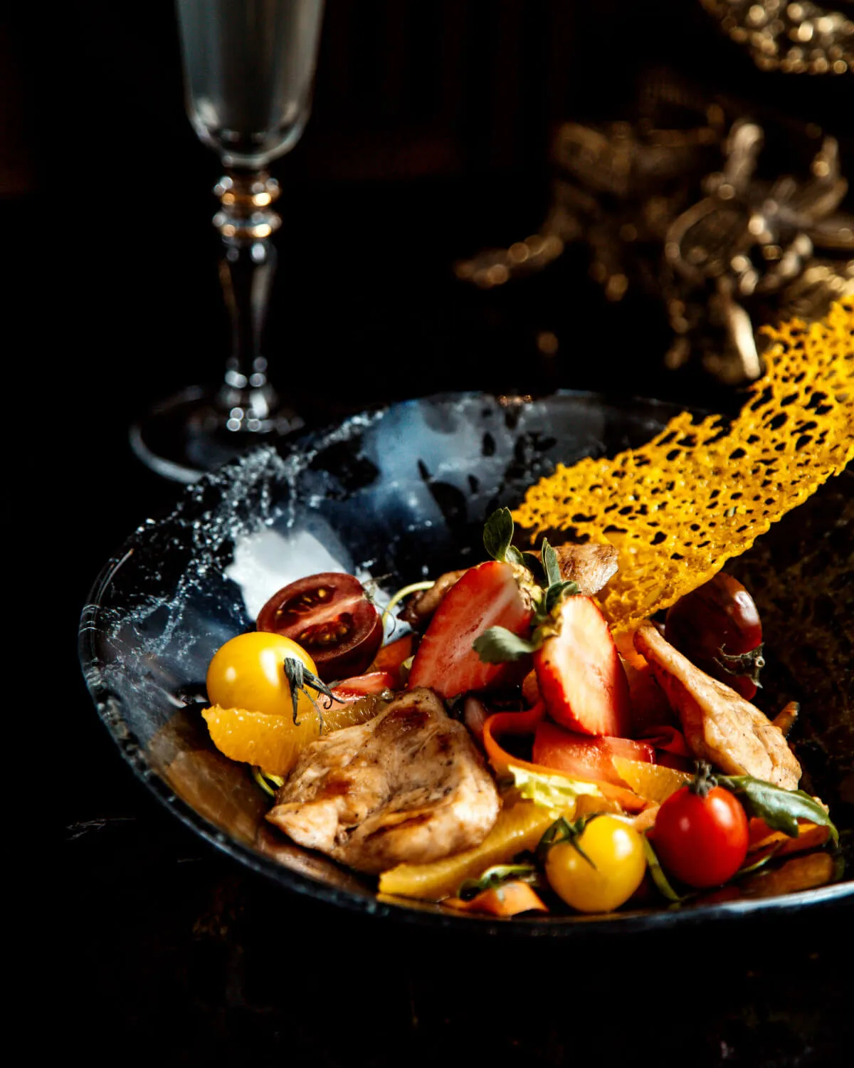 Fried chicken breast with sliced fruits vegetables