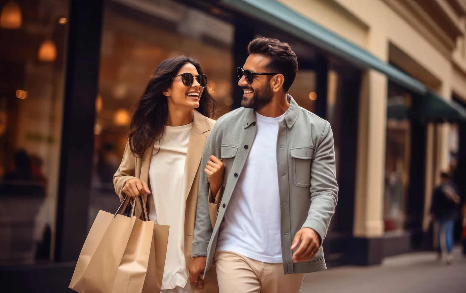 Couple walking with shopping bag stock image