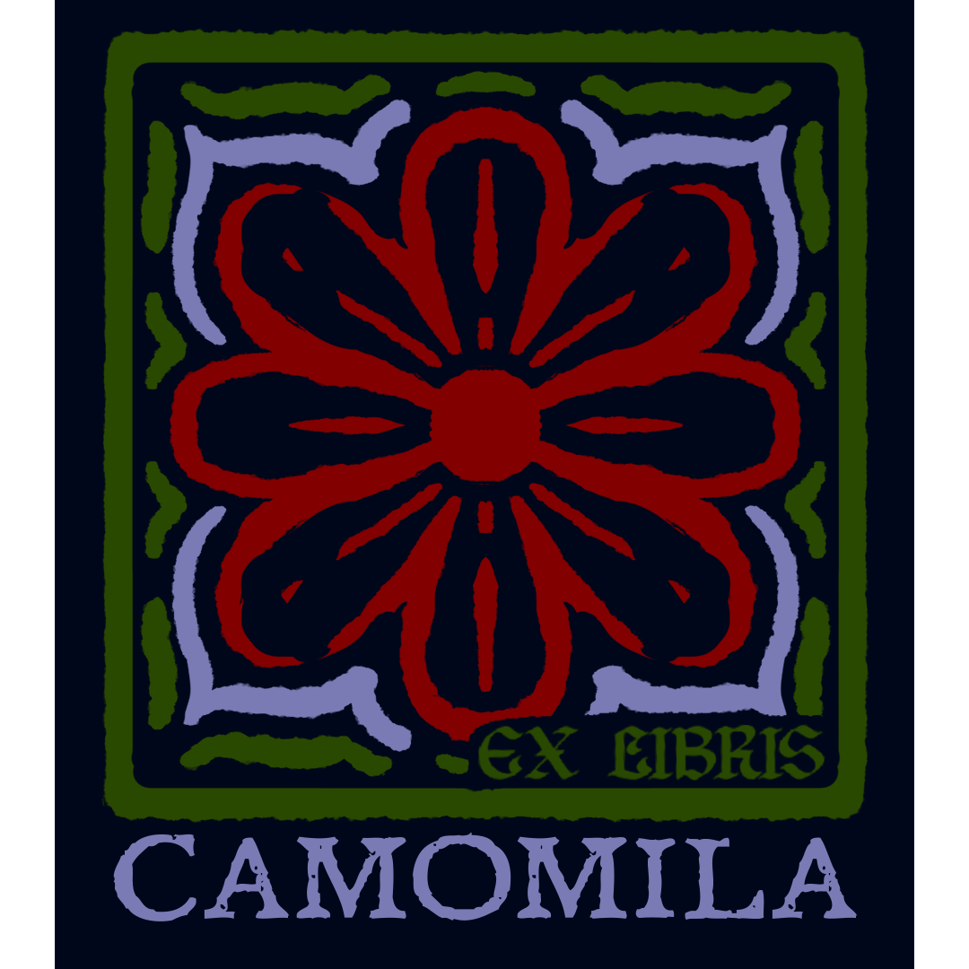 Logo con apariencia de sello que muestra una flor roja en el centro con decorado lila y verde al rededor