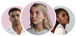 Portraits of three diverse young adults with neutral expressions, arranged in overlapping circles.