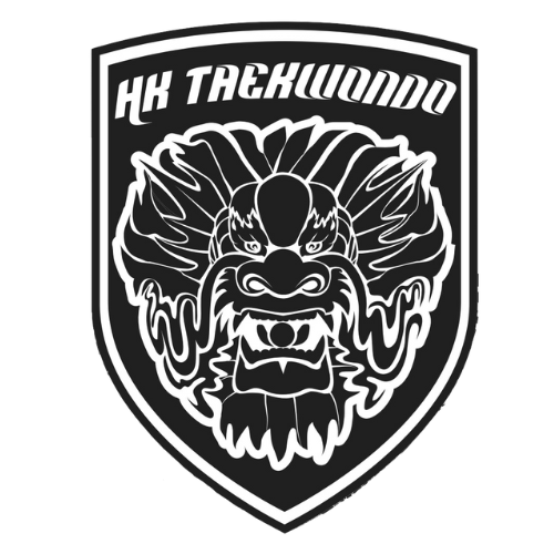Black and white HK Taekwondo shield logo featuring a stylized fierce dragon head.