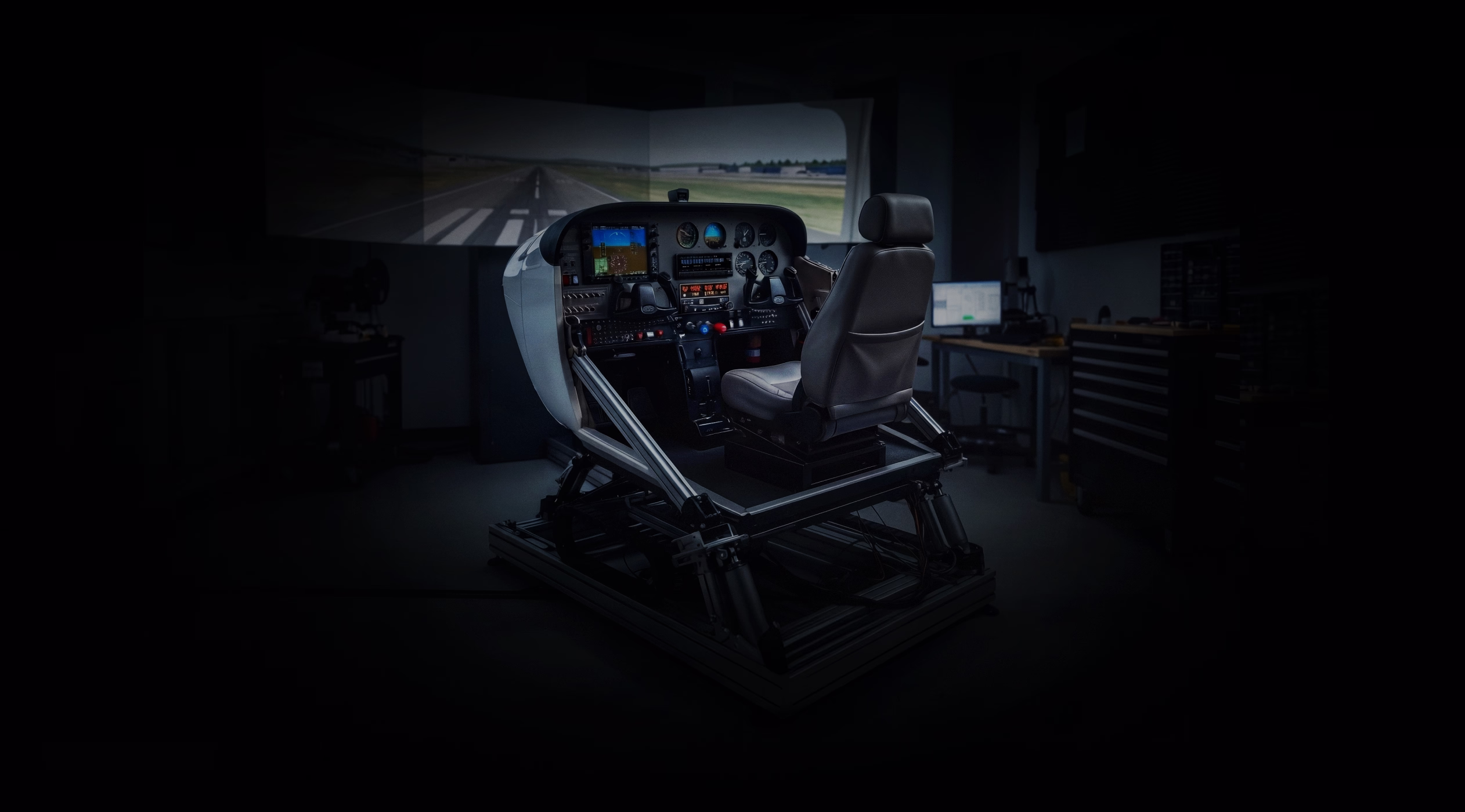 The flight simulator rig used to evaluate the KX 200 in context: cockpit yoke and instrument panel set against wraparound projection screens showing a runway approach