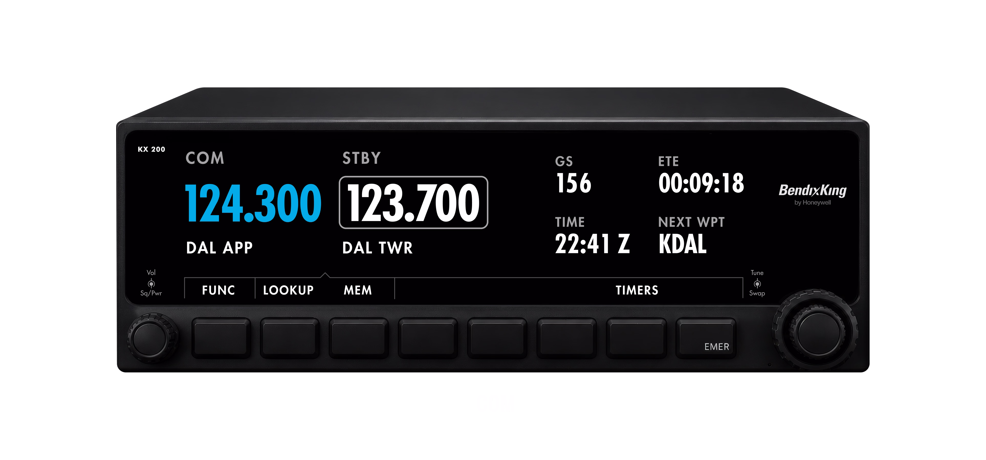 KX 200 COM-only variant displaying active and standby communication frequencies with timer and lookup softkeys