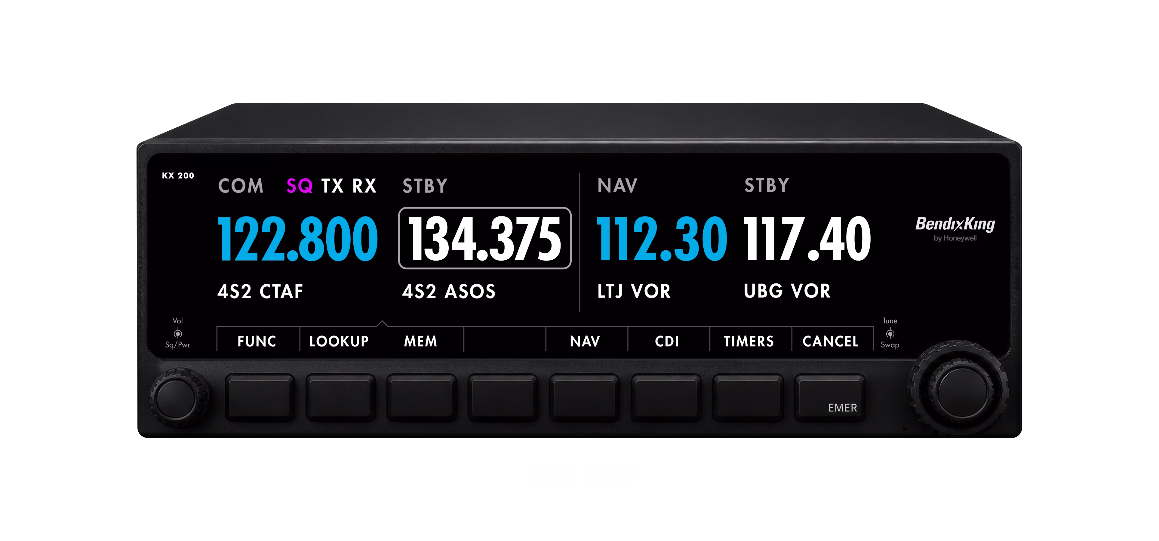 KX 200 COM/NAV variant displaying paired communication and navigation frequencies with station identifiers and the softkey row
