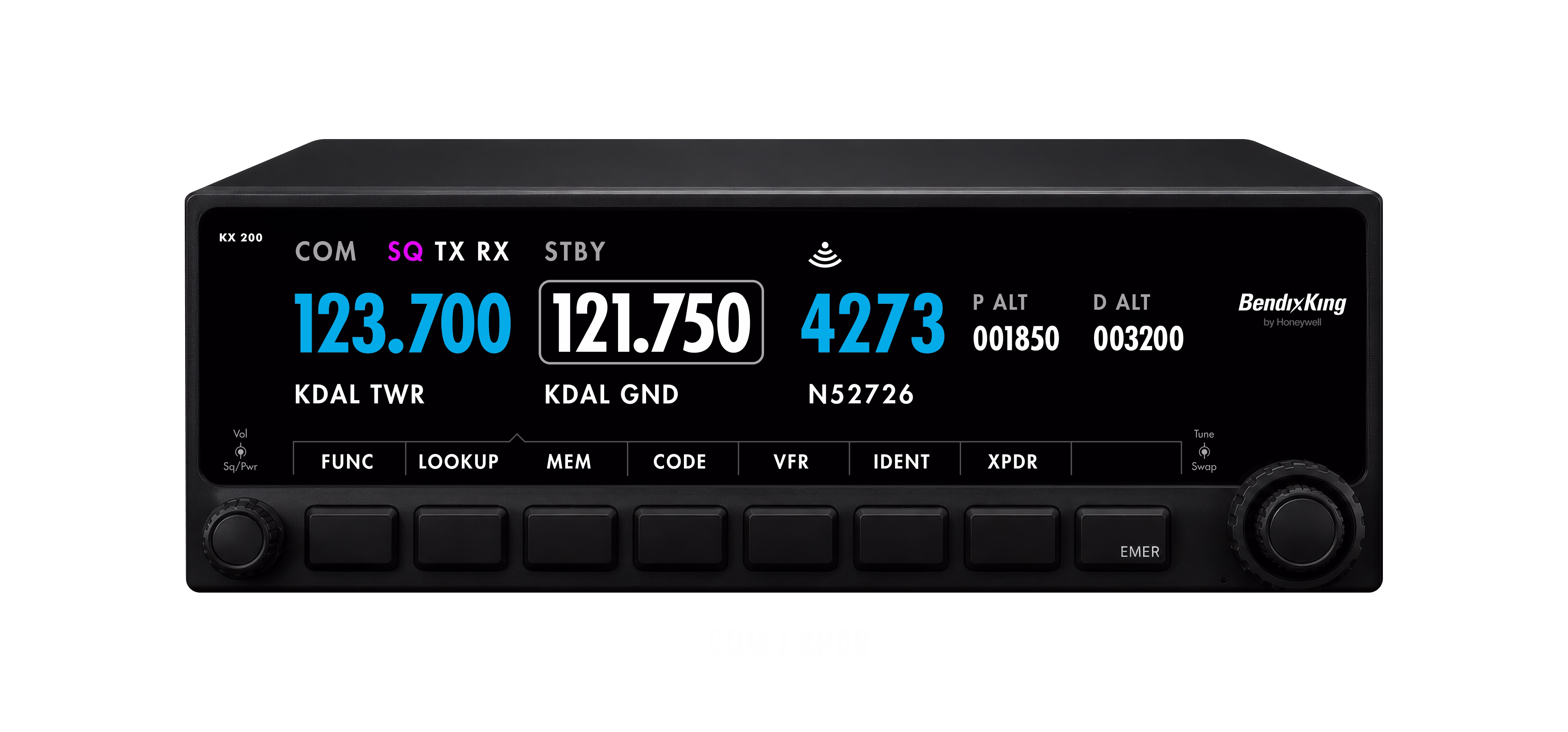 KX 200 COM/transponder variant displaying the active squawk code alongside pressure altitude and density altitude readouts