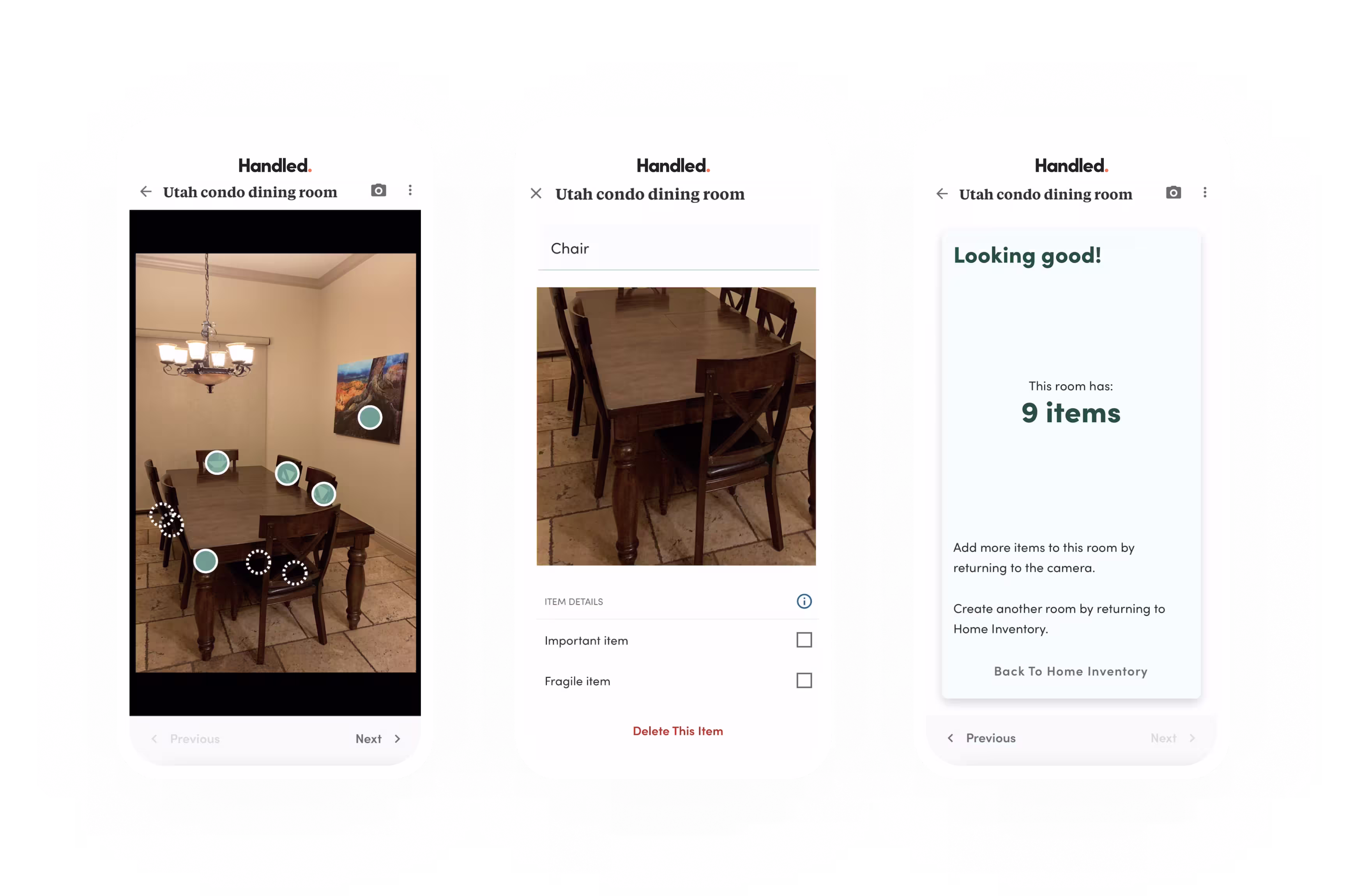 A mobile application displays the process of cataloging dining room furniture for inventory management.