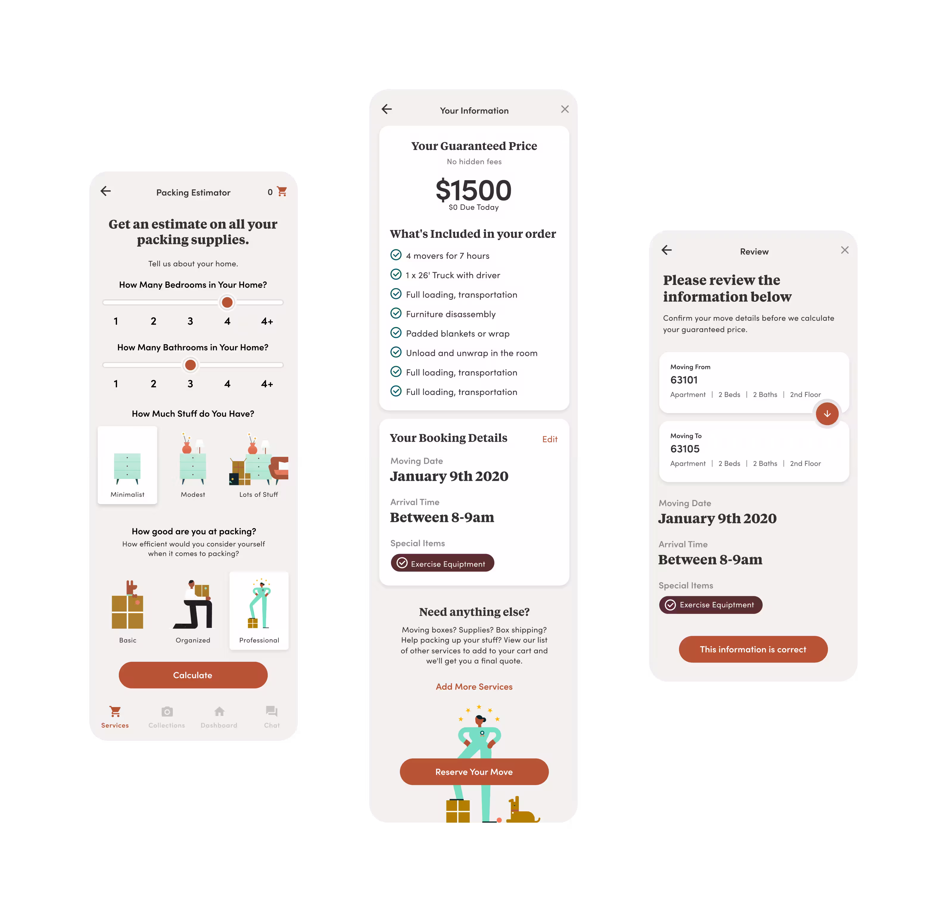 Three mobile app screens display a packing estimator, order summary, and moving details review.