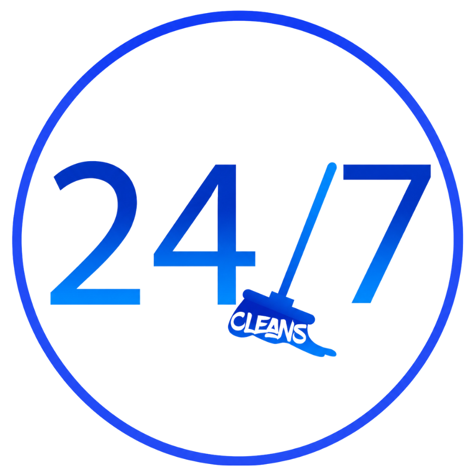 Logo with '24/7' in blue, the slash is a mop with the word CLEANS inside.