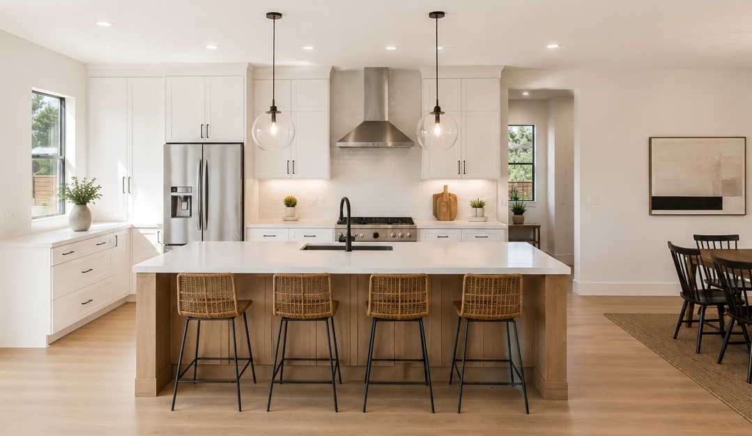 Modern kitchen with white cabinets, stainless steel fridge, island with wicker stools, and pendant lights.