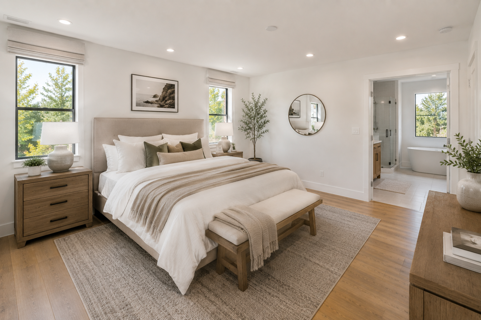 Bright bedroom with large bed, beige and green pillows, wooden furniture, and adjoining bathroom with tub and shower.