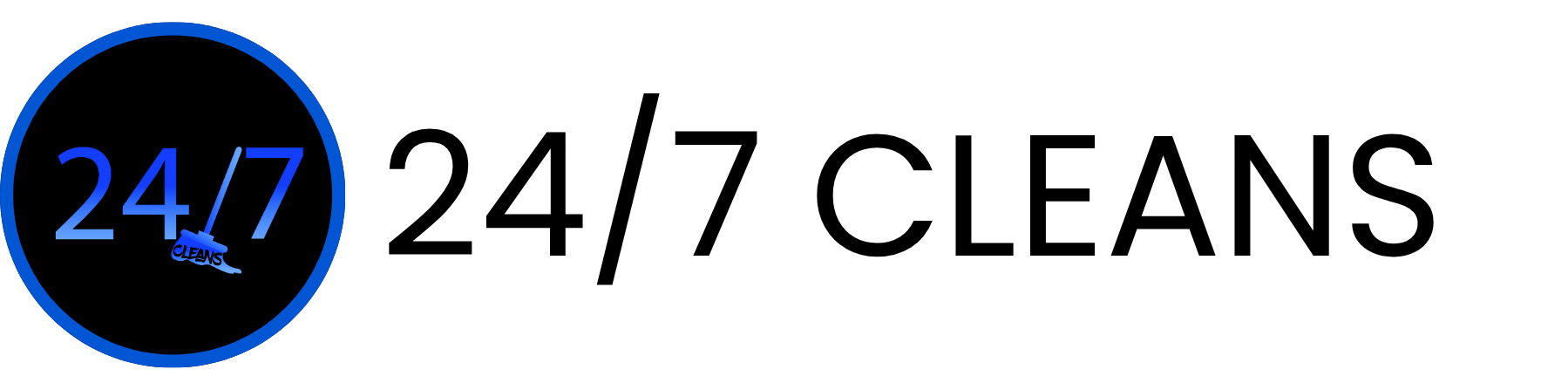 Logo showing a blue circle with '24/7' and a shoe with the word CLEANS inside, beside text '24/7 CLEANS'.