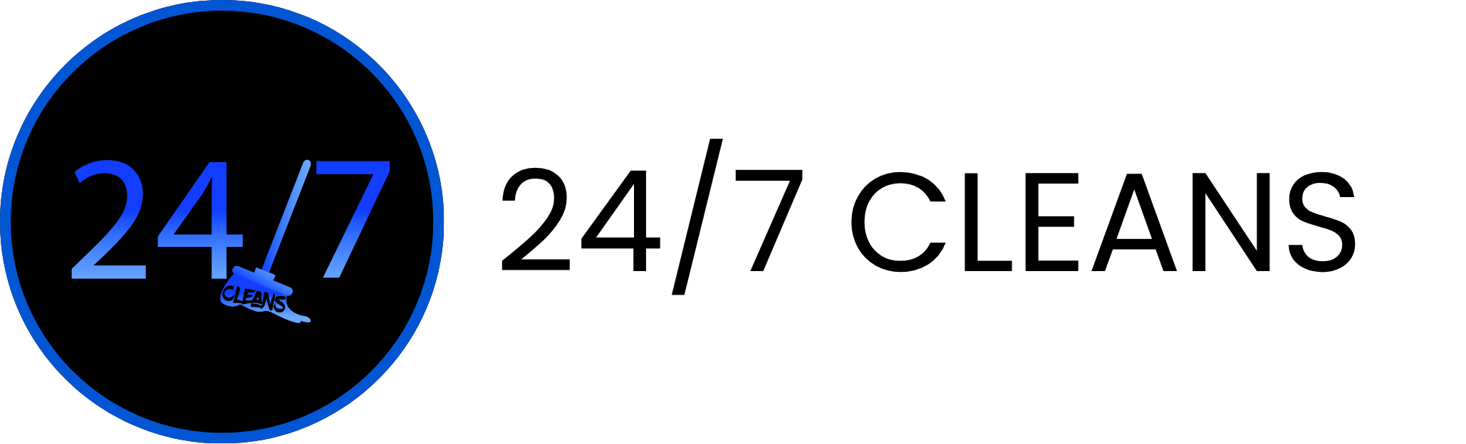 Logo with a blue circle, '24/7' in blue, and a mop with the word 'CLEANS' below.