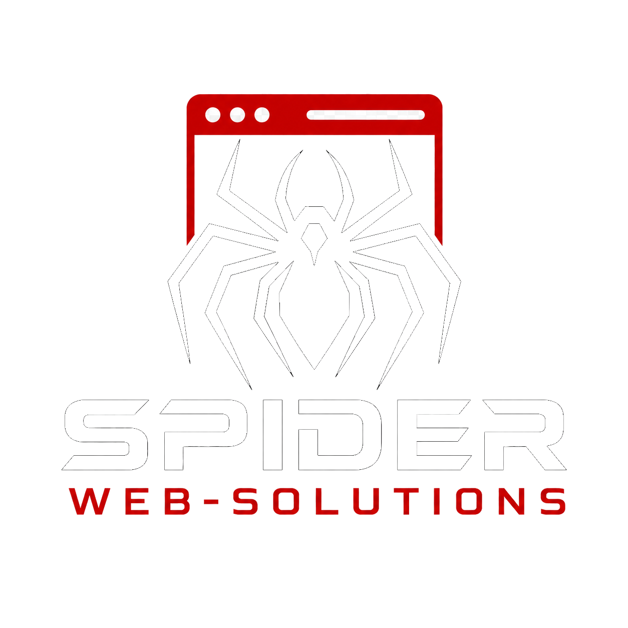 A white spider silhouette on a red browser tab outline with a large text span underneath that says 'SPIDER' in white letters and 'Web-Solutions' in smaller red text.
