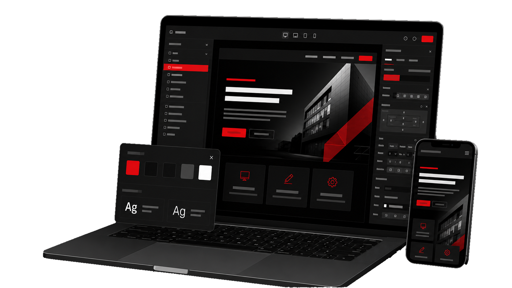 Laptop and smartphone displaying a dark-themed website design interface with red, white, and gray accents.