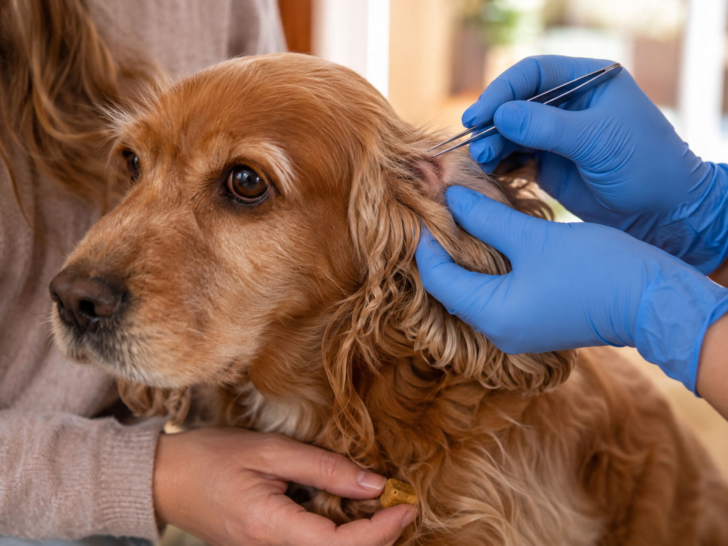 Gloved hands using fine-tipped tweezers to part a dog's fur during a careful tick check.