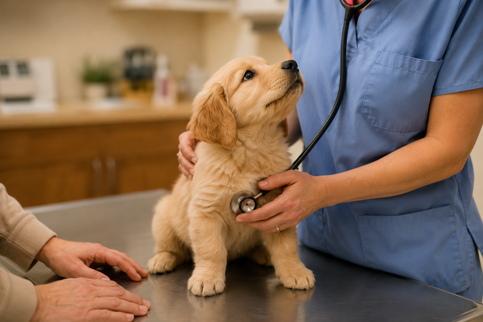Golden retriever puppy being gently examined with a stethoscope at its first vet visit.