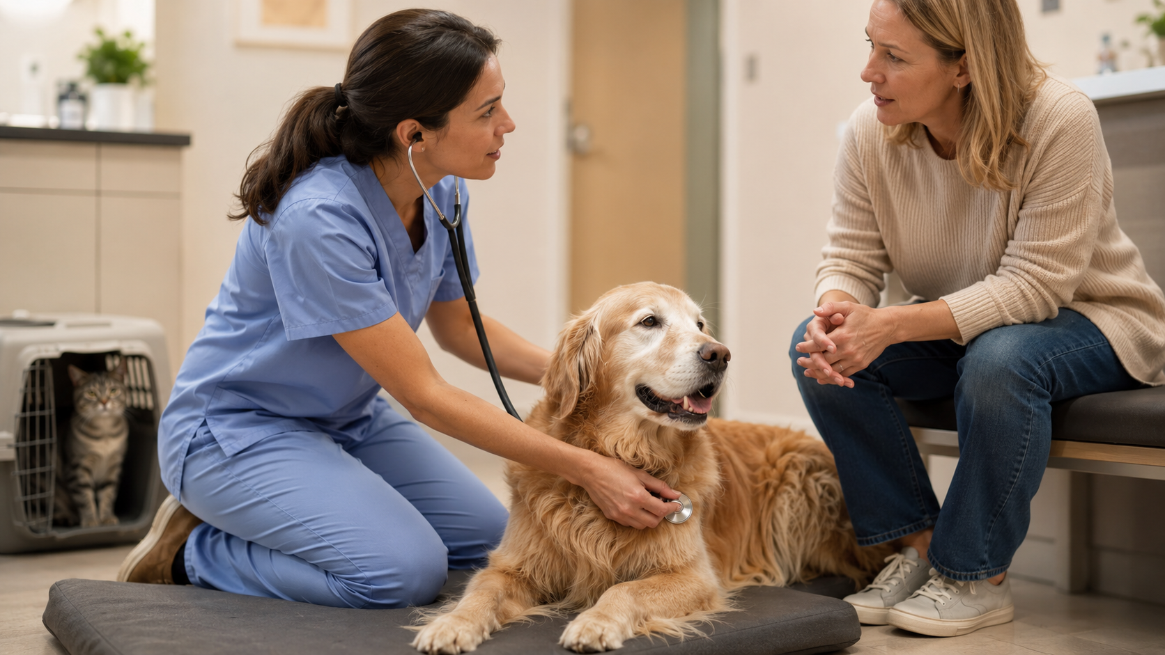 Veterinarian listening to a relaxed golden retriever's heart while talking with the owner.