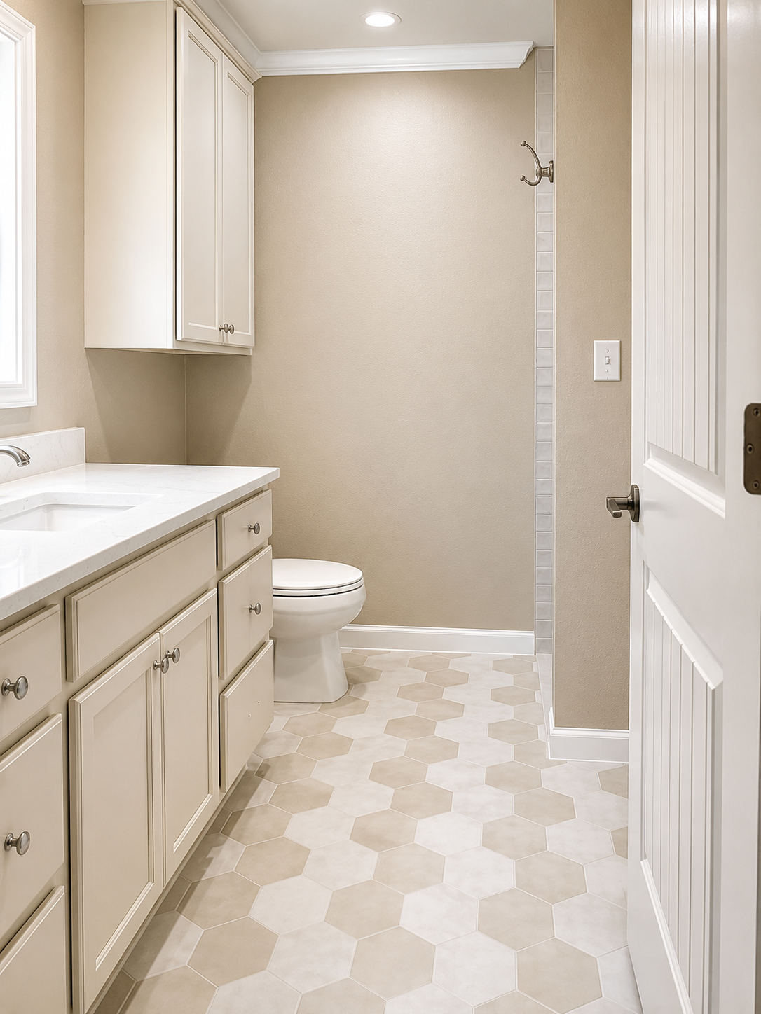 Curbless marble walk-in shower by Coastal Builders Associates