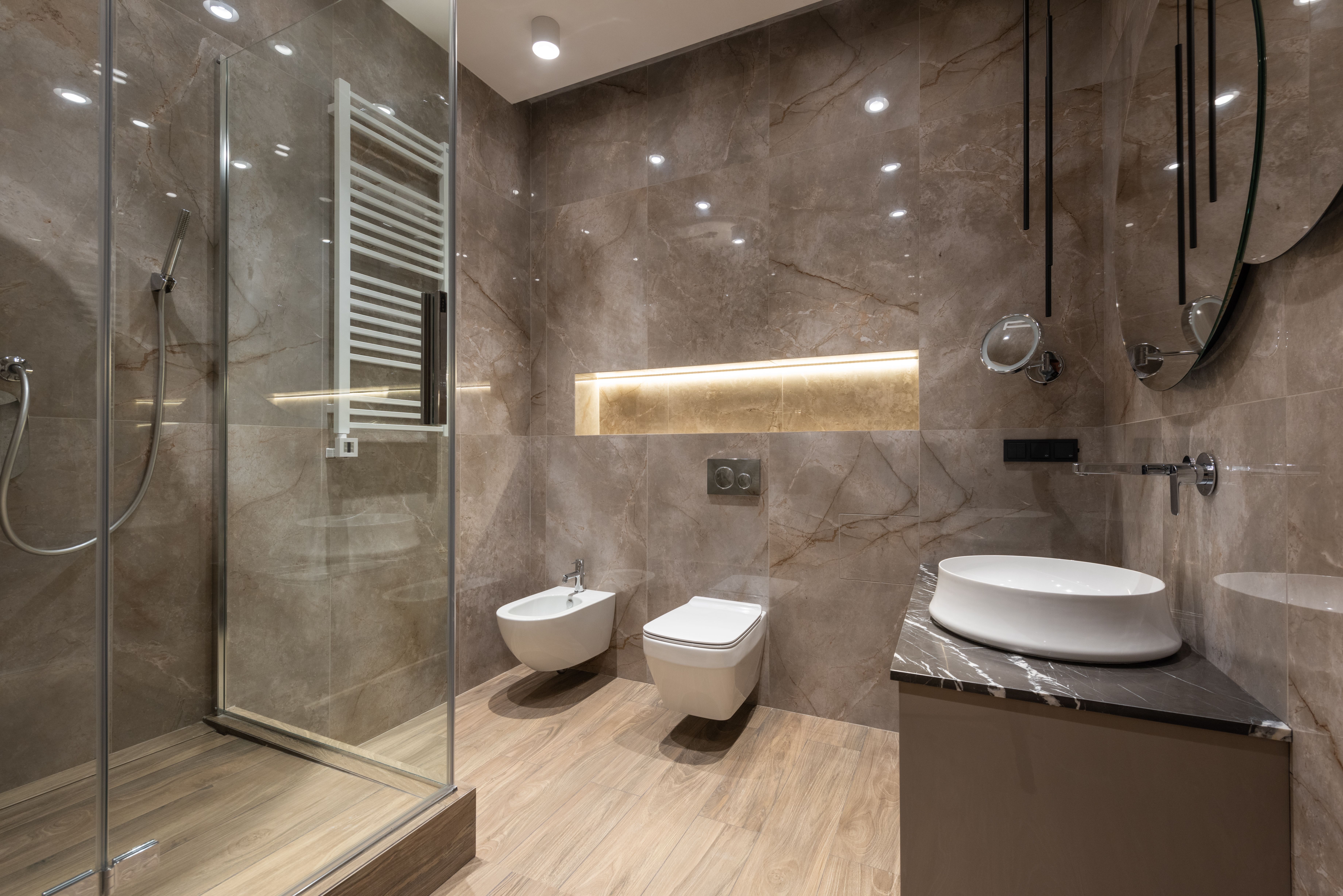 Glass-enclosed walk-in shower