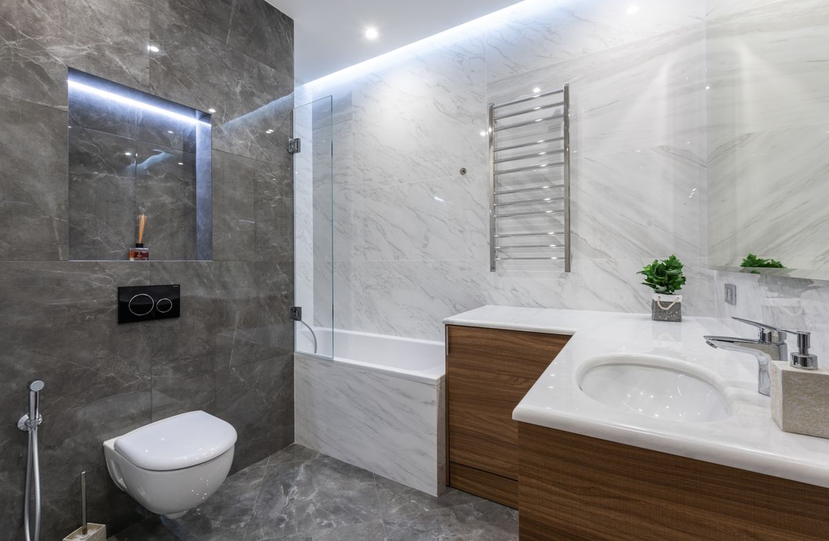 Fully remodeled modern bathroom with vanity and fixtures