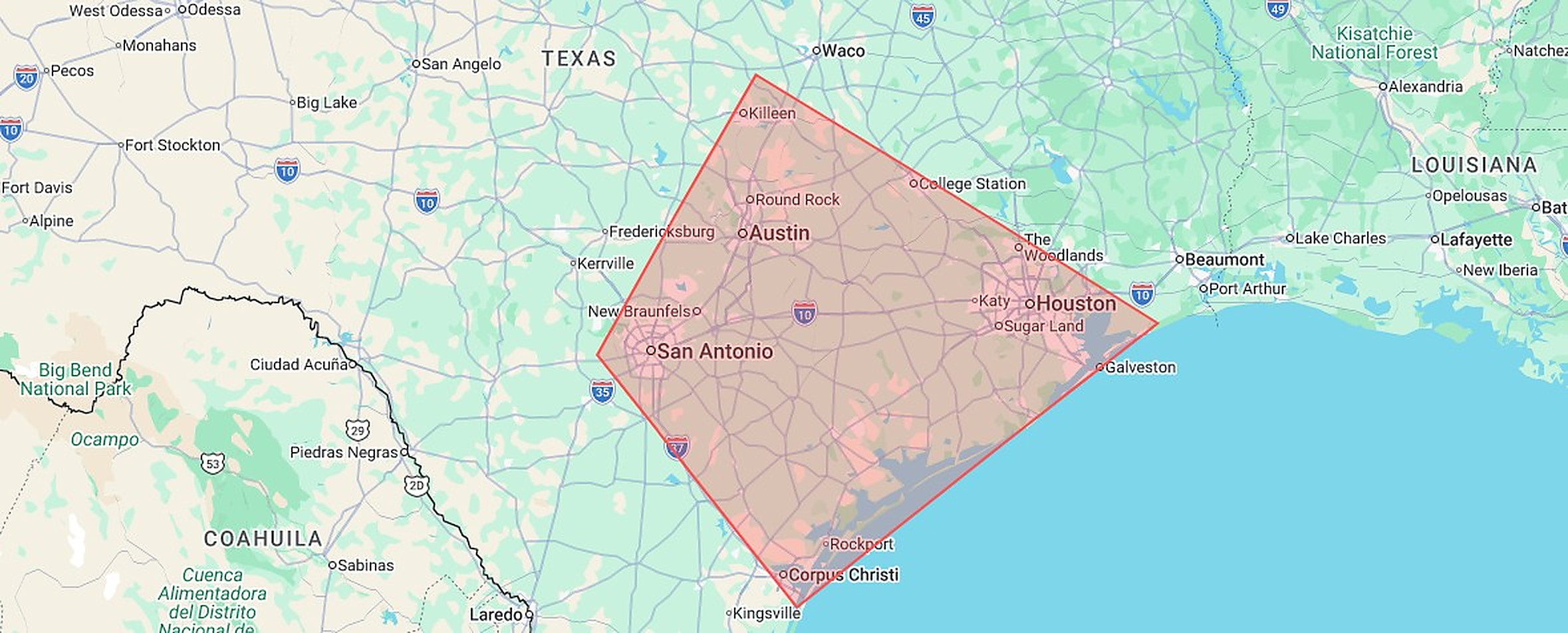Coastal Builders Associates service area map across Central and South Texas including Austin, San Antonio, Houston and the Golden Crescent