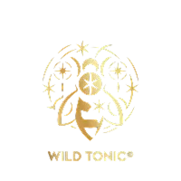 Gold circular emblem featuring stylized botanical and ornate designs with text Wild Tonic below.