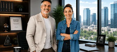 Smiling man in light blazer and woman in denim shirt standing in modern office with city view.