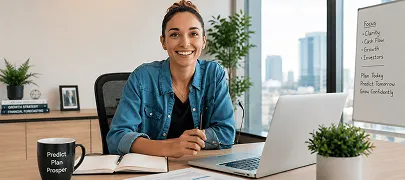 Smiling woman sitting at desk with laptop, notebook, mug, and whiteboard in modern office.