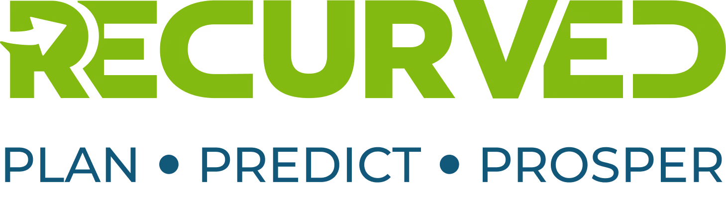 Green RECURVED text with a curved arrow in R above blue words PLAN, PREDICT, PROSPER separated by dots.
