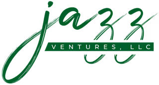 Logo reading Jazz Ventures, LLC with stylized green cursive text and a green rectangle background behind Ventures, LLC.