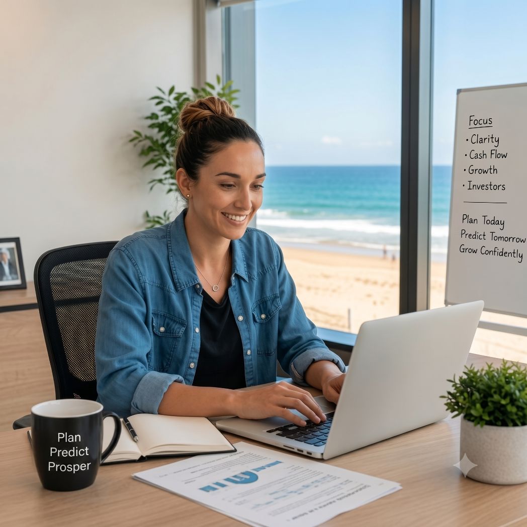 Smiling woman working on laptop at desk with ocean view, notebook, coffee mug, and whiteboard notes.