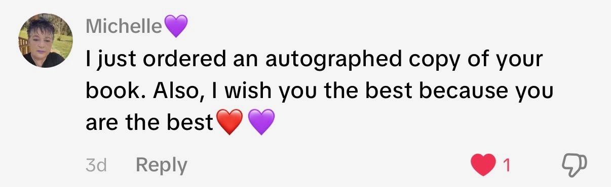Michelle saying she ordered an autographed copy of Finding My Place